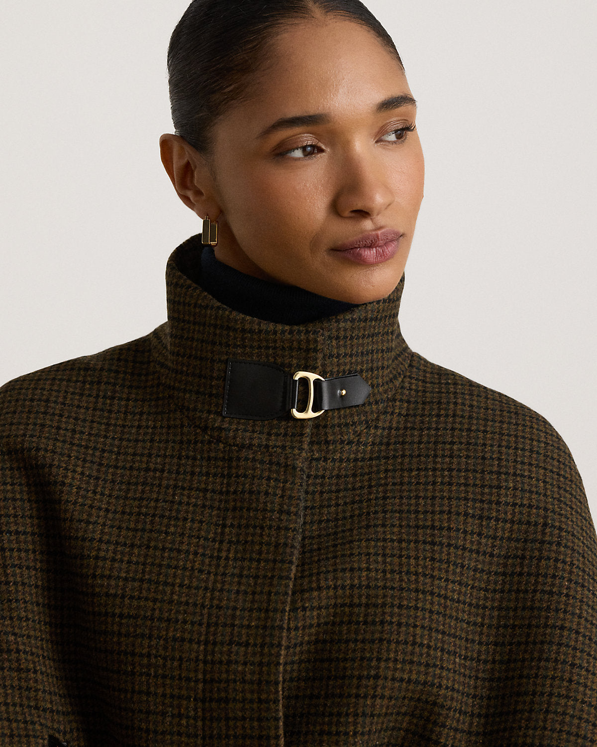 Houndstooth Buckle-Trim Mockneck Cape