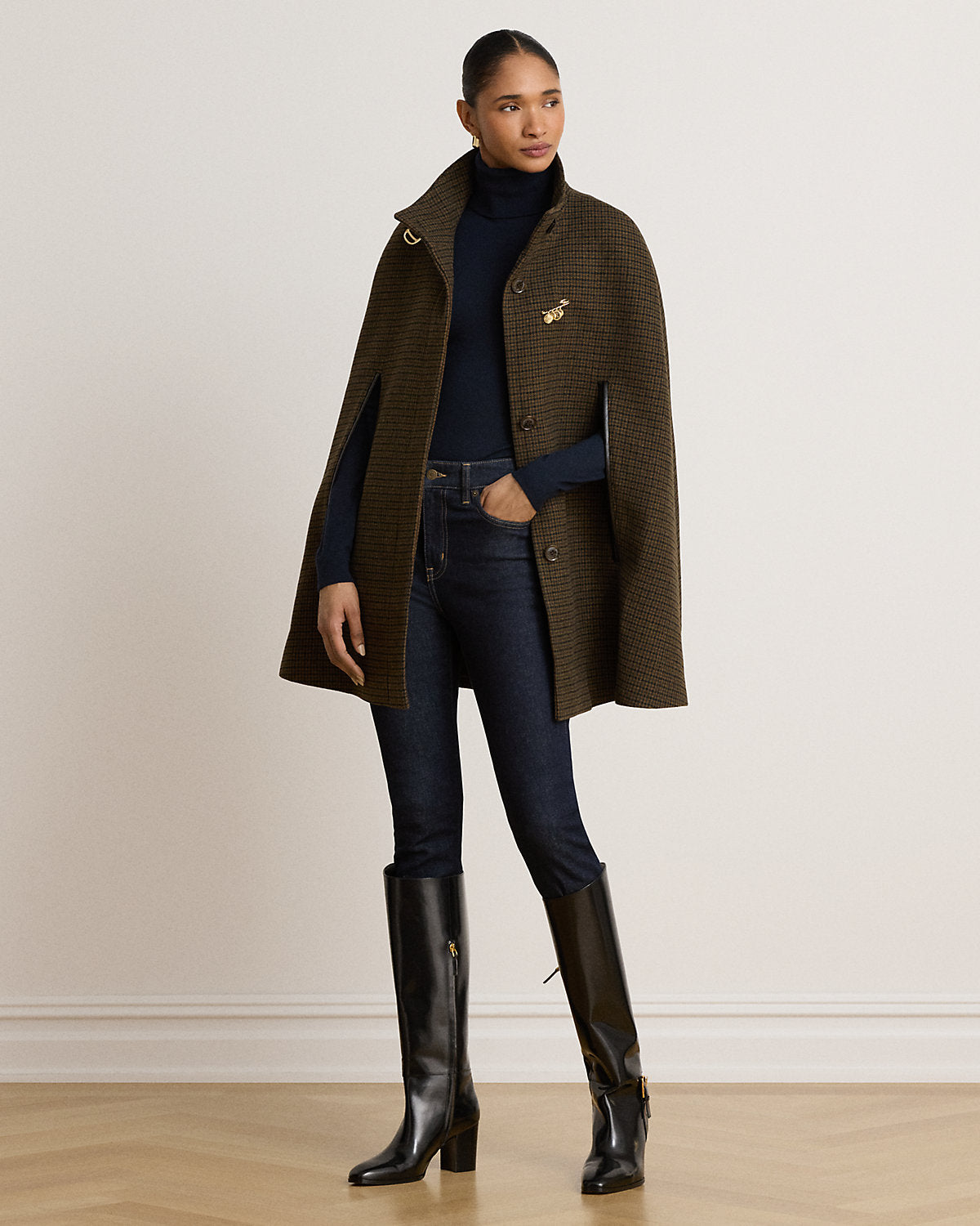 Houndstooth Buckle-Trim Mockneck Cape