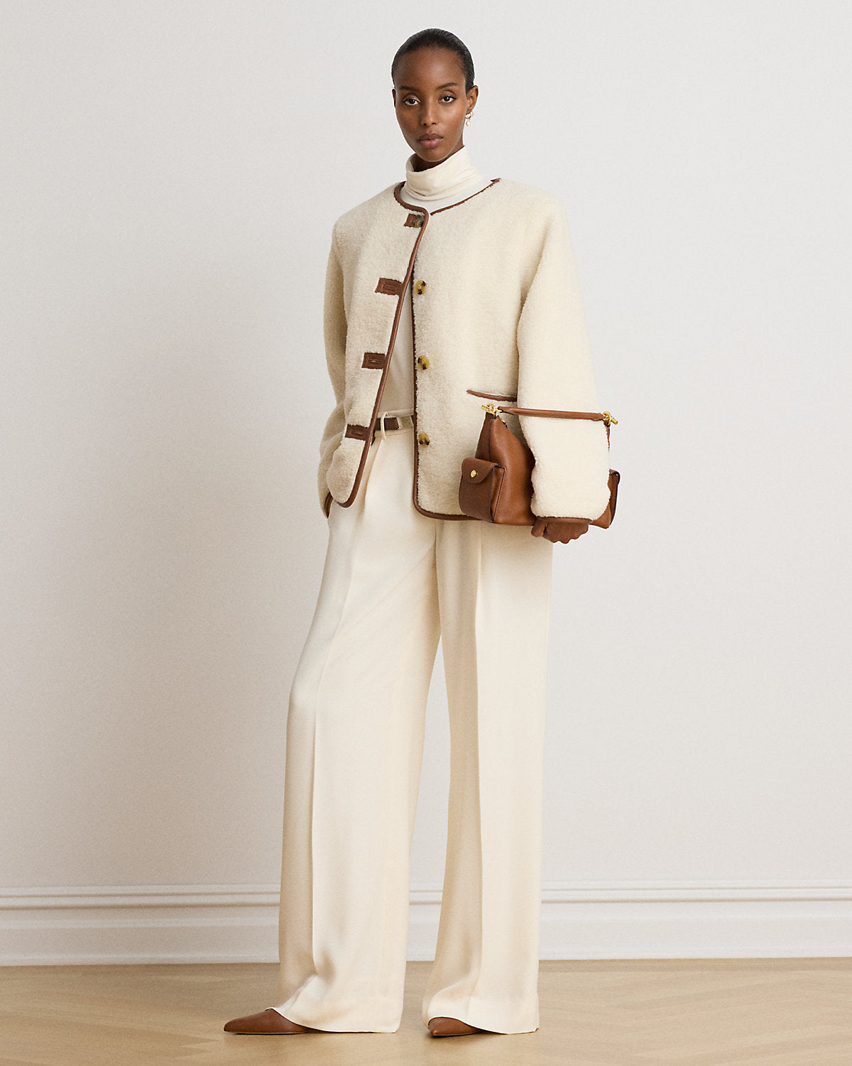 Faux-Leather-Trim Faux-Fur Teddy Coat