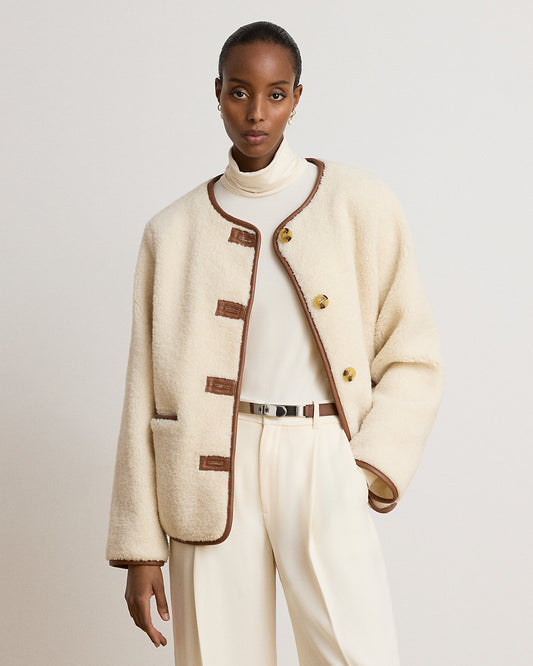 Faux-Leather-Trim Faux-Fur Teddy Coat