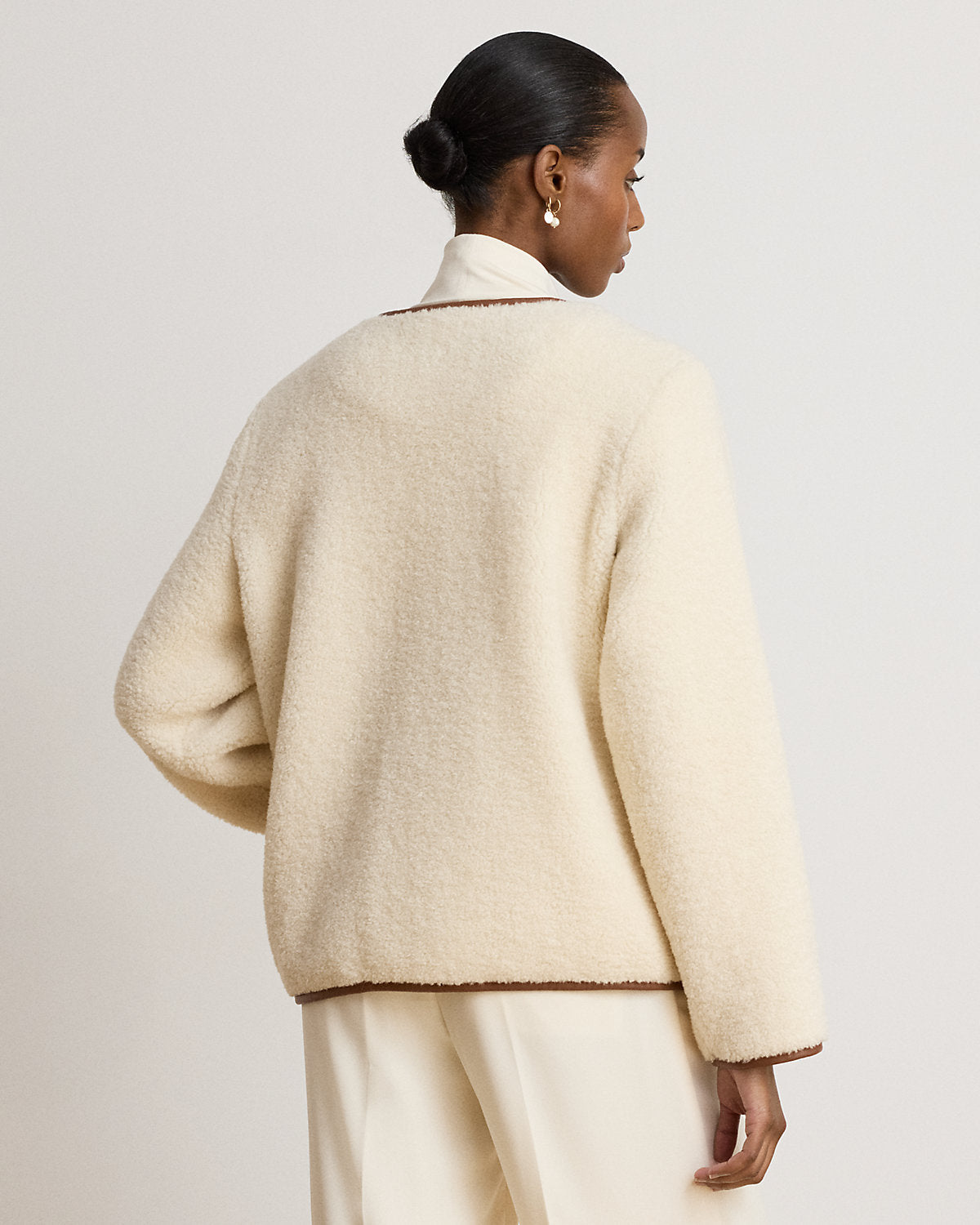 Faux-Leather-Trim Faux-Fur Teddy Coat