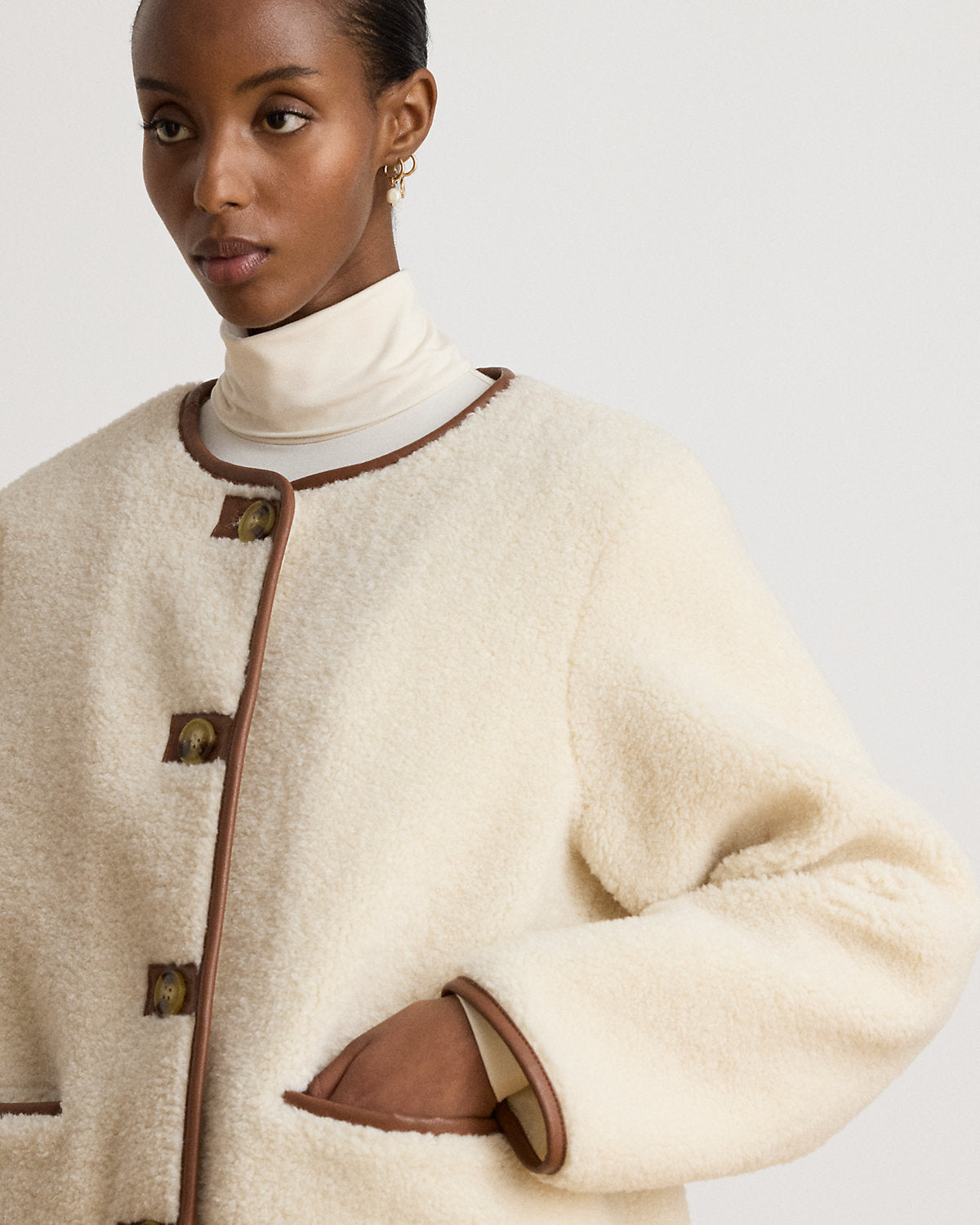 Faux-Leather-Trim Faux-Fur Teddy Coat