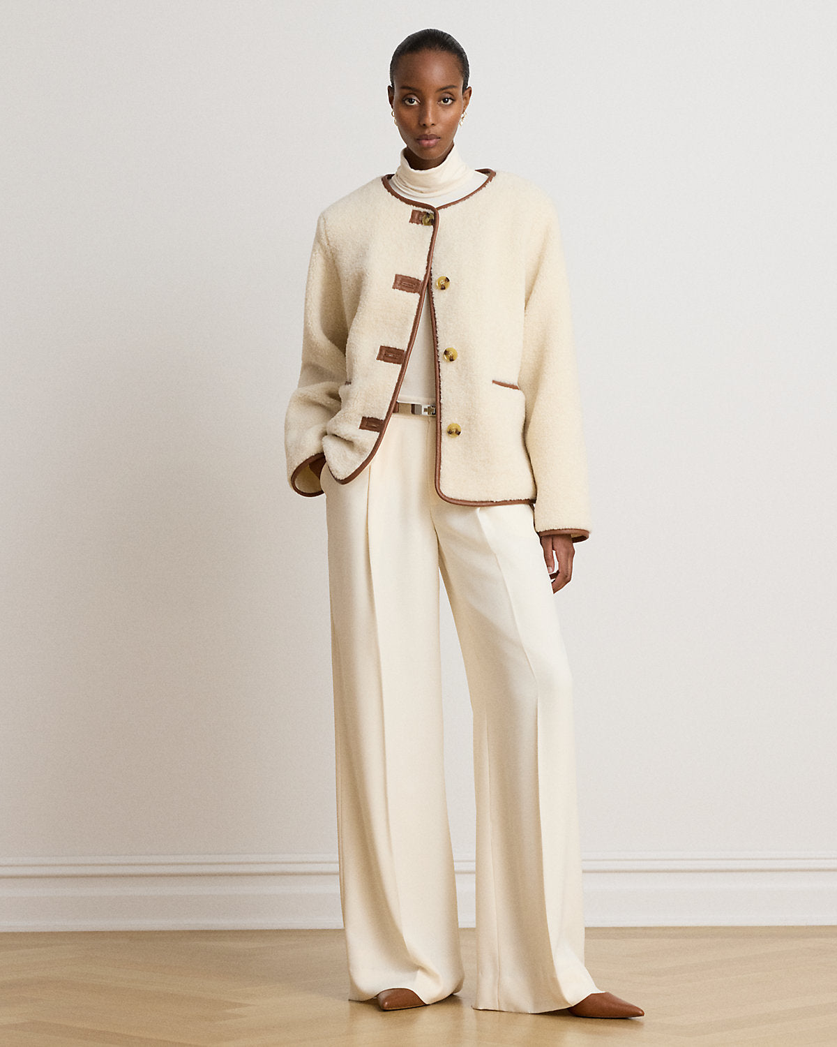 Faux-Leather-Trim Faux-Fur Teddy Coat