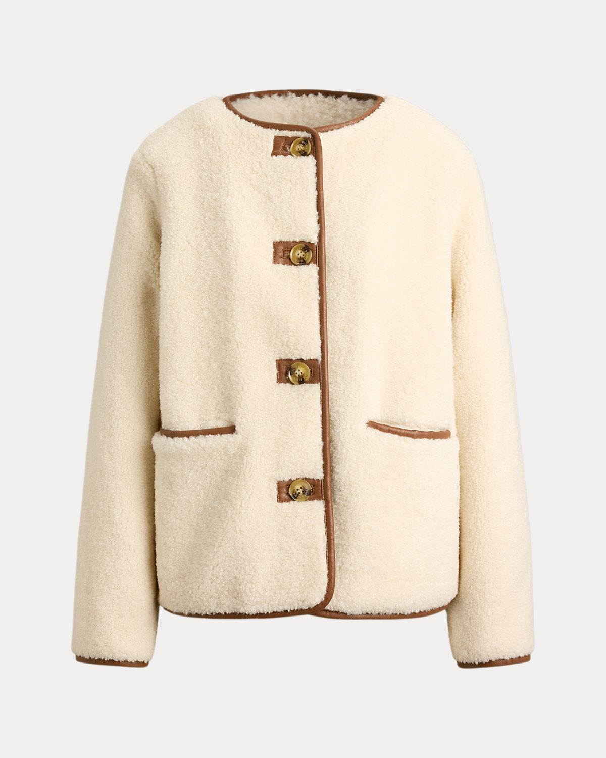 Faux-Leather-Trim Faux-Fur Teddy Coat