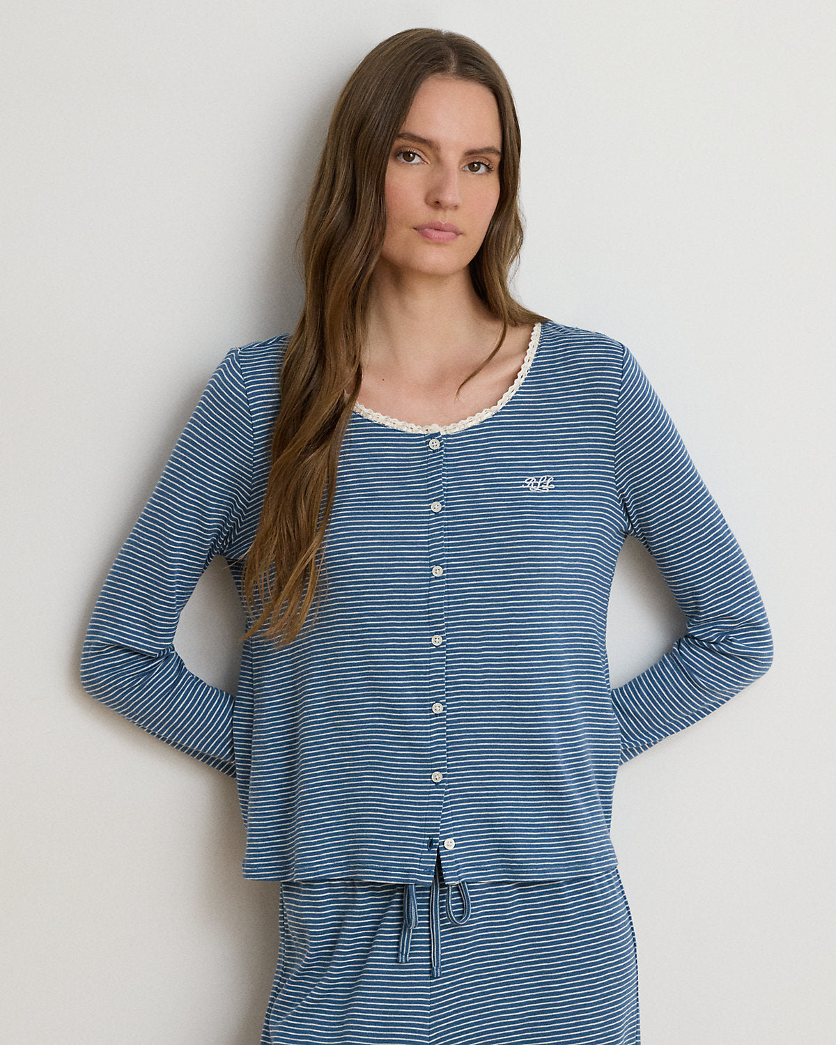 Striped Lace-Trim Rib-Knit Pajama Set