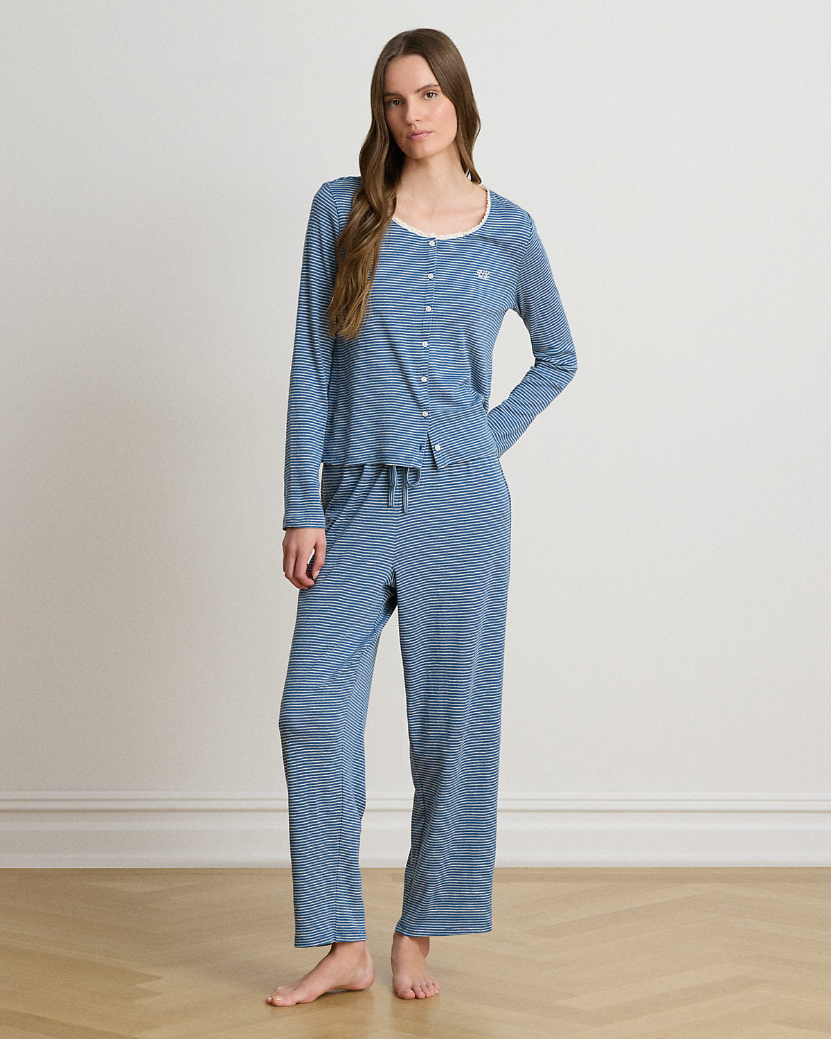 Striped Lace-Trim Rib-Knit Pajama Set
