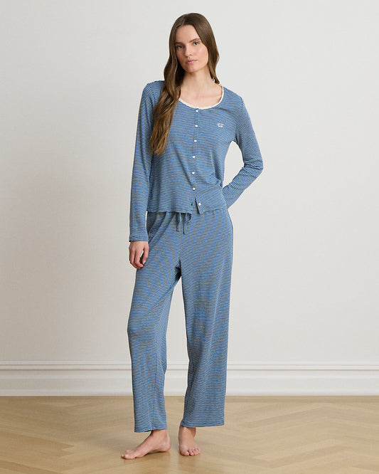 Striped Lace-Trim Rib-Knit Pajama Set