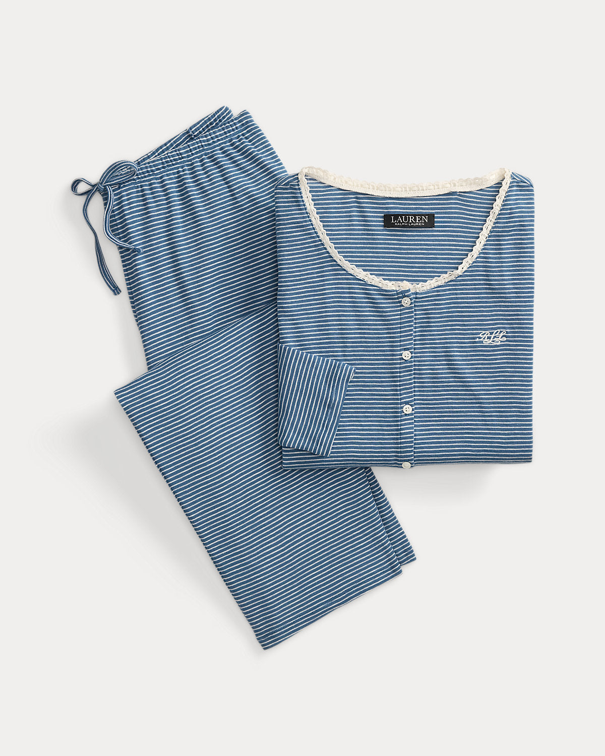 Striped Lace-Trim Rib-Knit Pajama Set