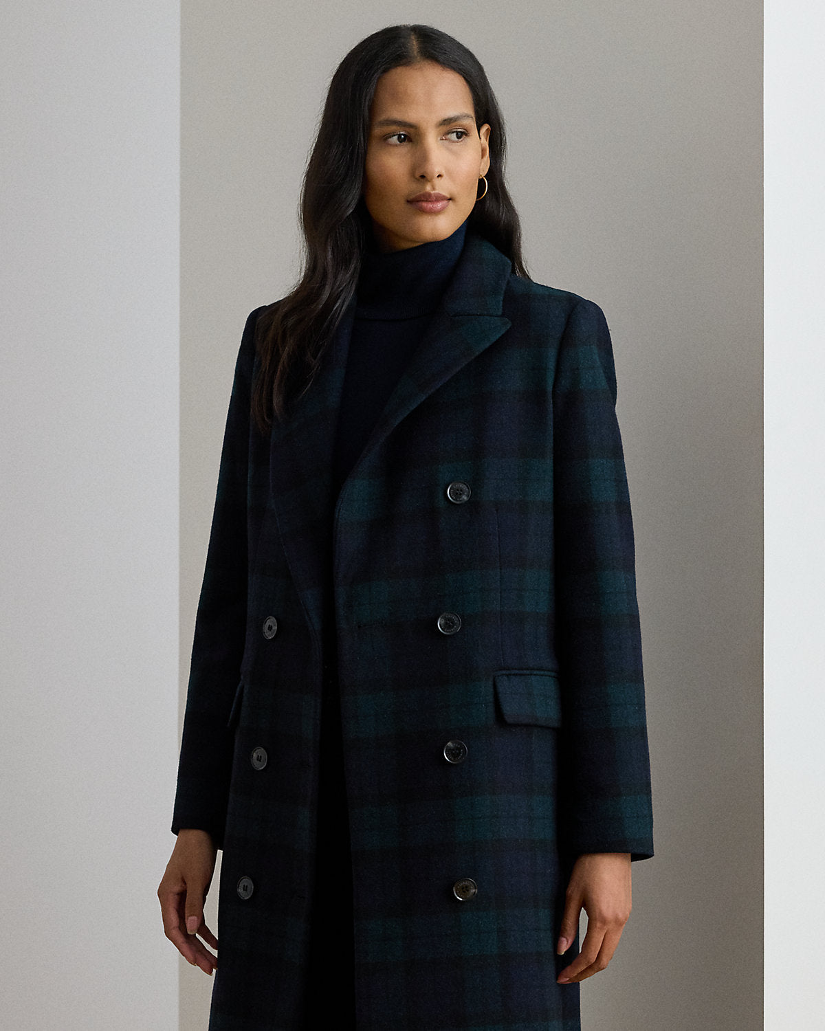 Double-Breasted Black Watch Plaid Coat