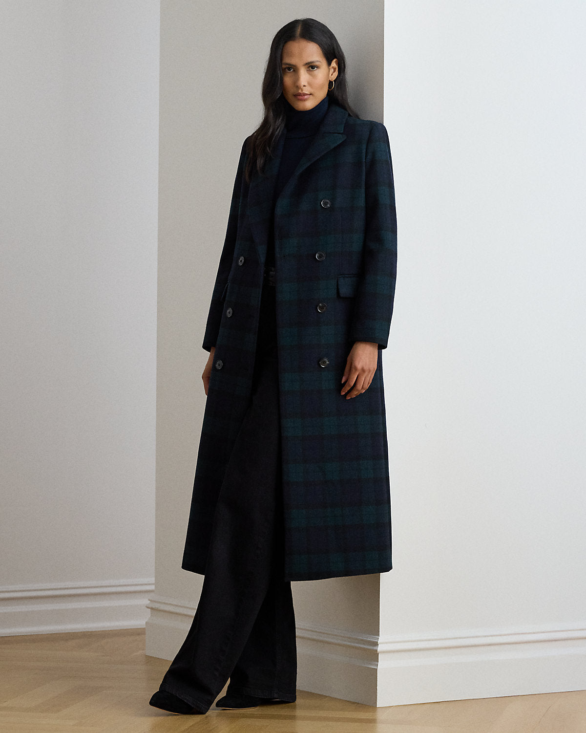 Double-Breasted Black Watch Plaid Coat