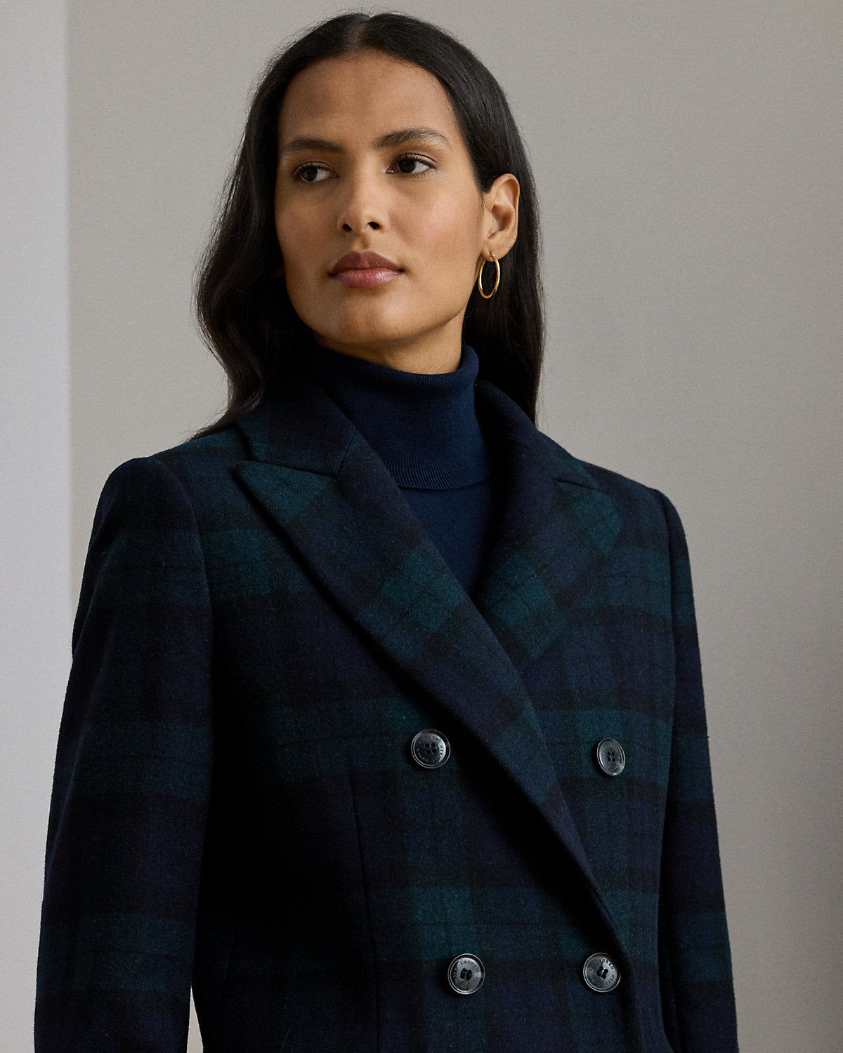 Double-Breasted Black Watch Plaid Coat