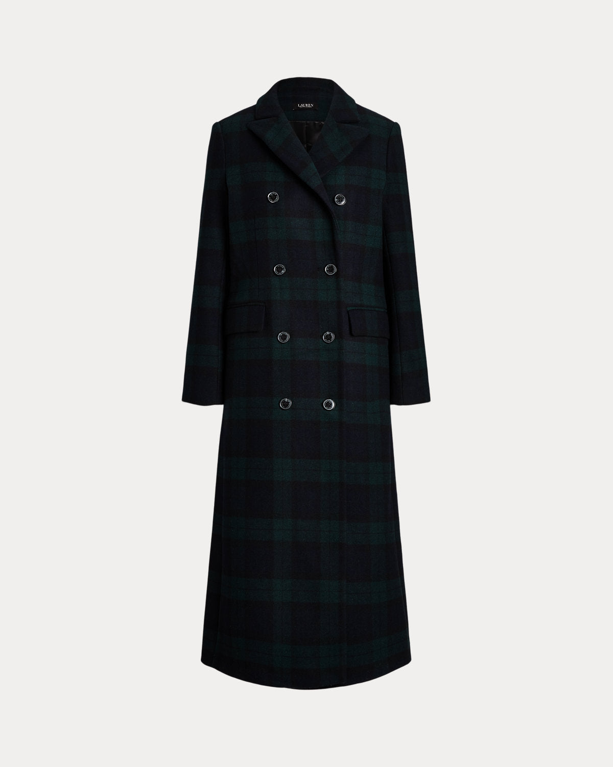 Double-Breasted Black Watch Plaid Coat