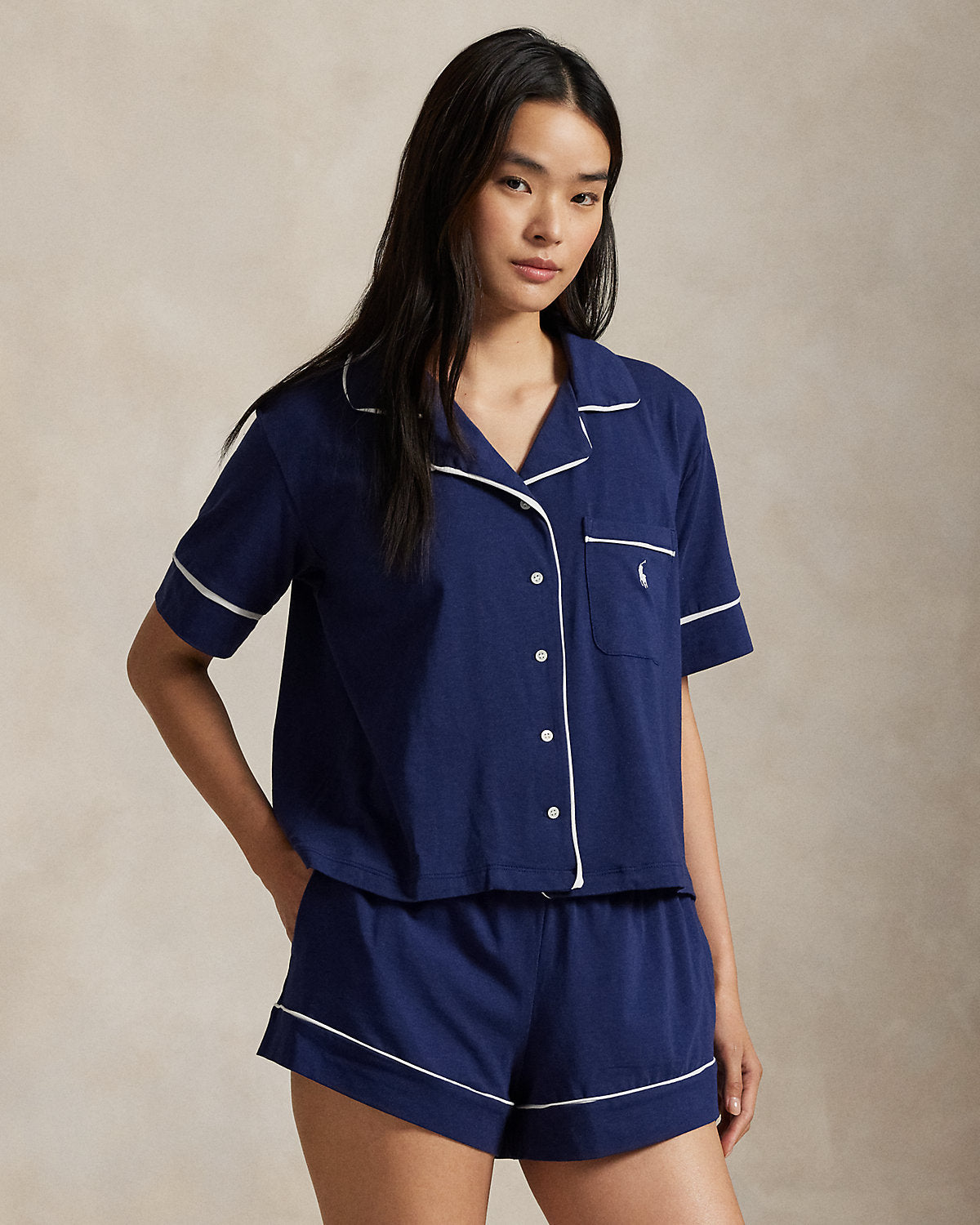 Piped Jersey Short-Sleeve Pajama Set
