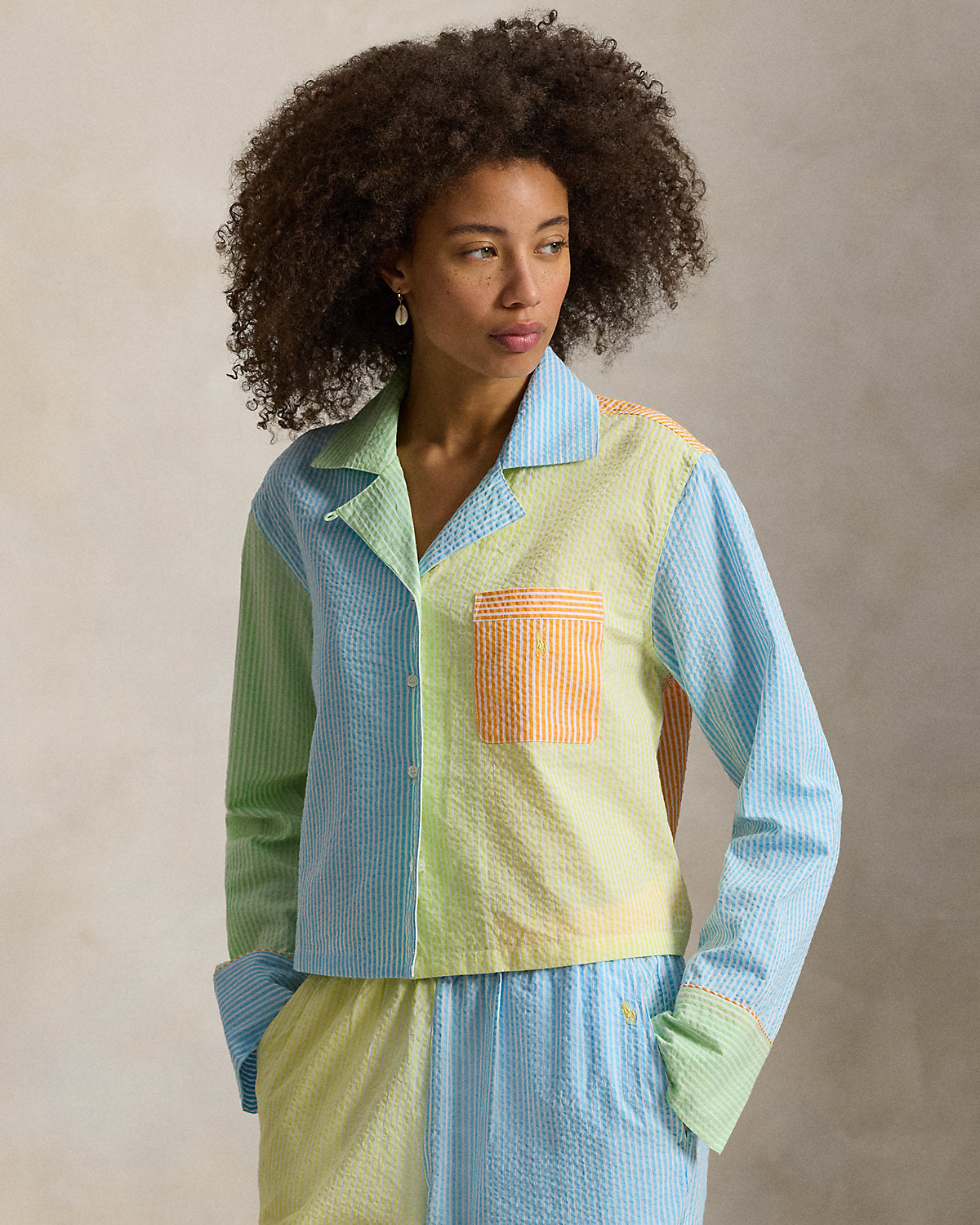 Color-Blocked Seersucker Pajama Set