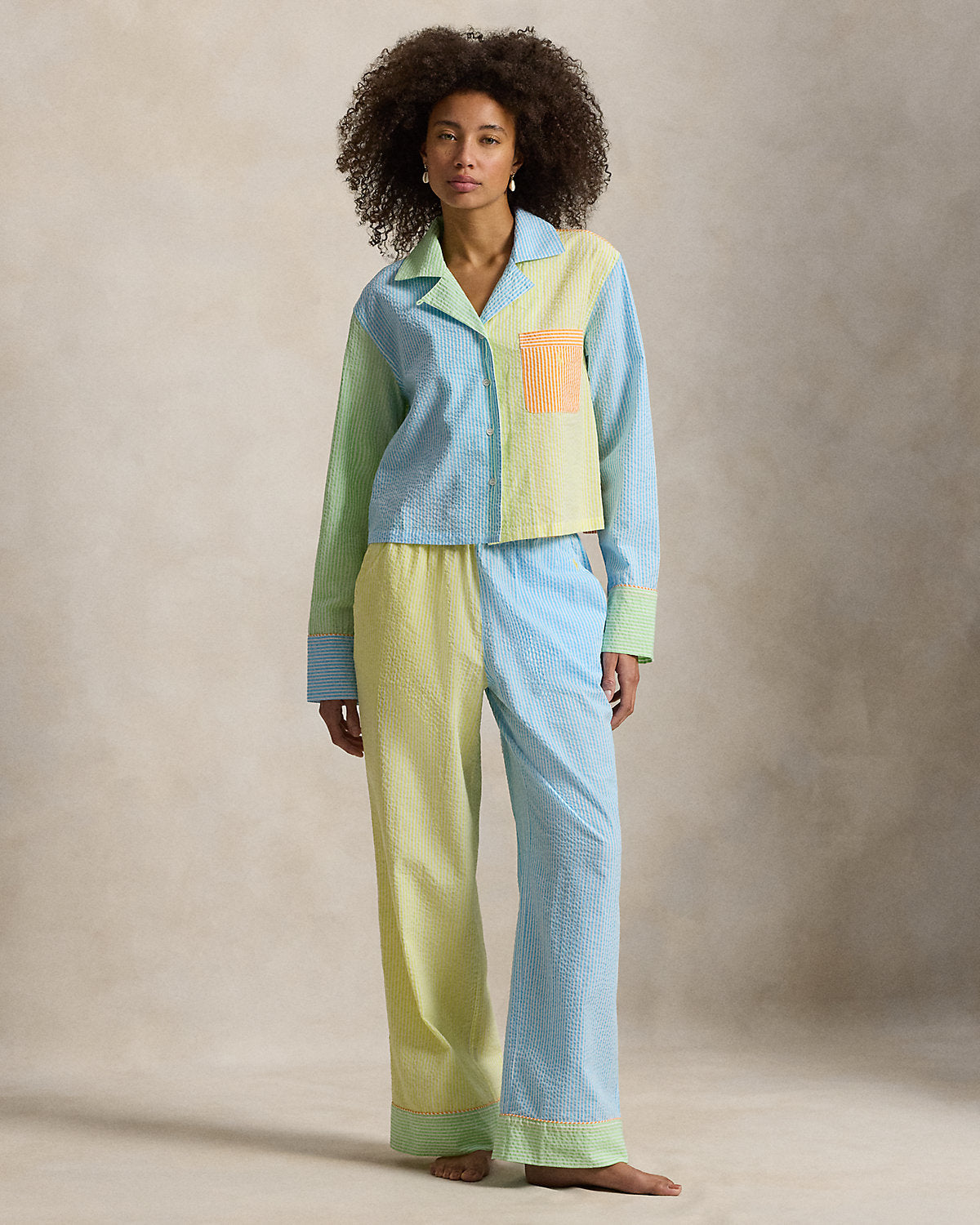 Color-Blocked Seersucker Pajama Set