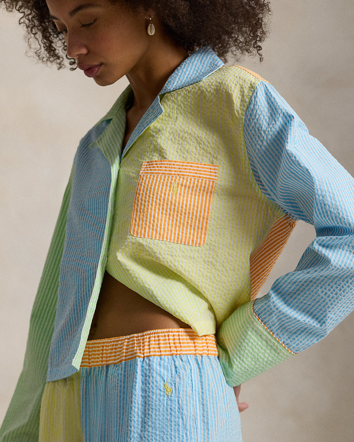 Color-Blocked Seersucker Pajama Set