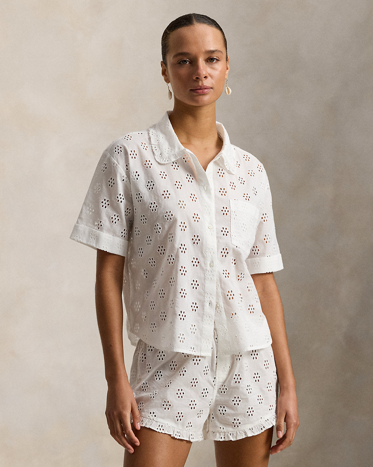 Eyelet Cotton Shirt & Short Pajama Set