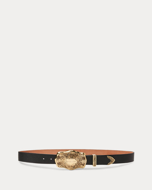 Tooled-Buckle Pebbled Calfskin Belt