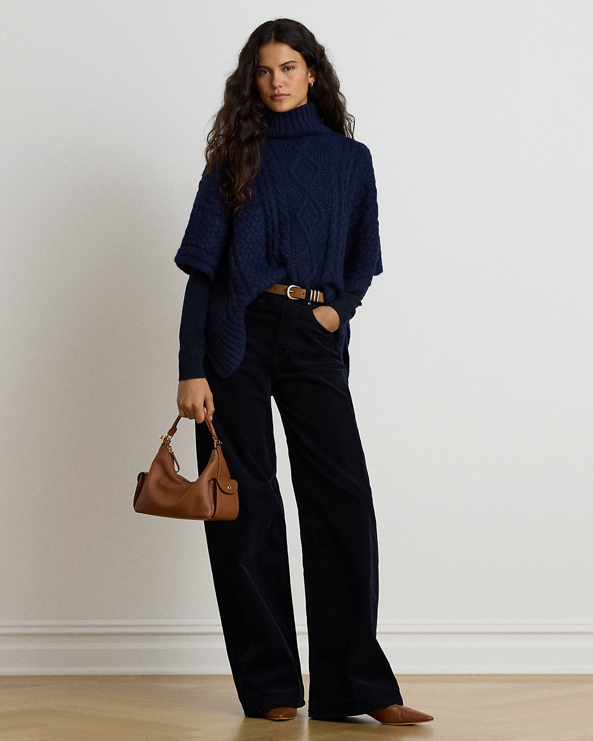 Button-Trim Cable-Knit Mockneck Poncho