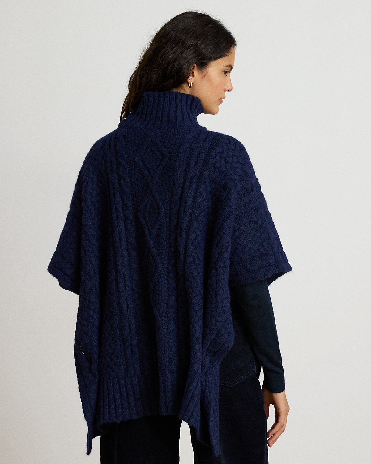 Button-Trim Cable-Knit Mockneck Poncho