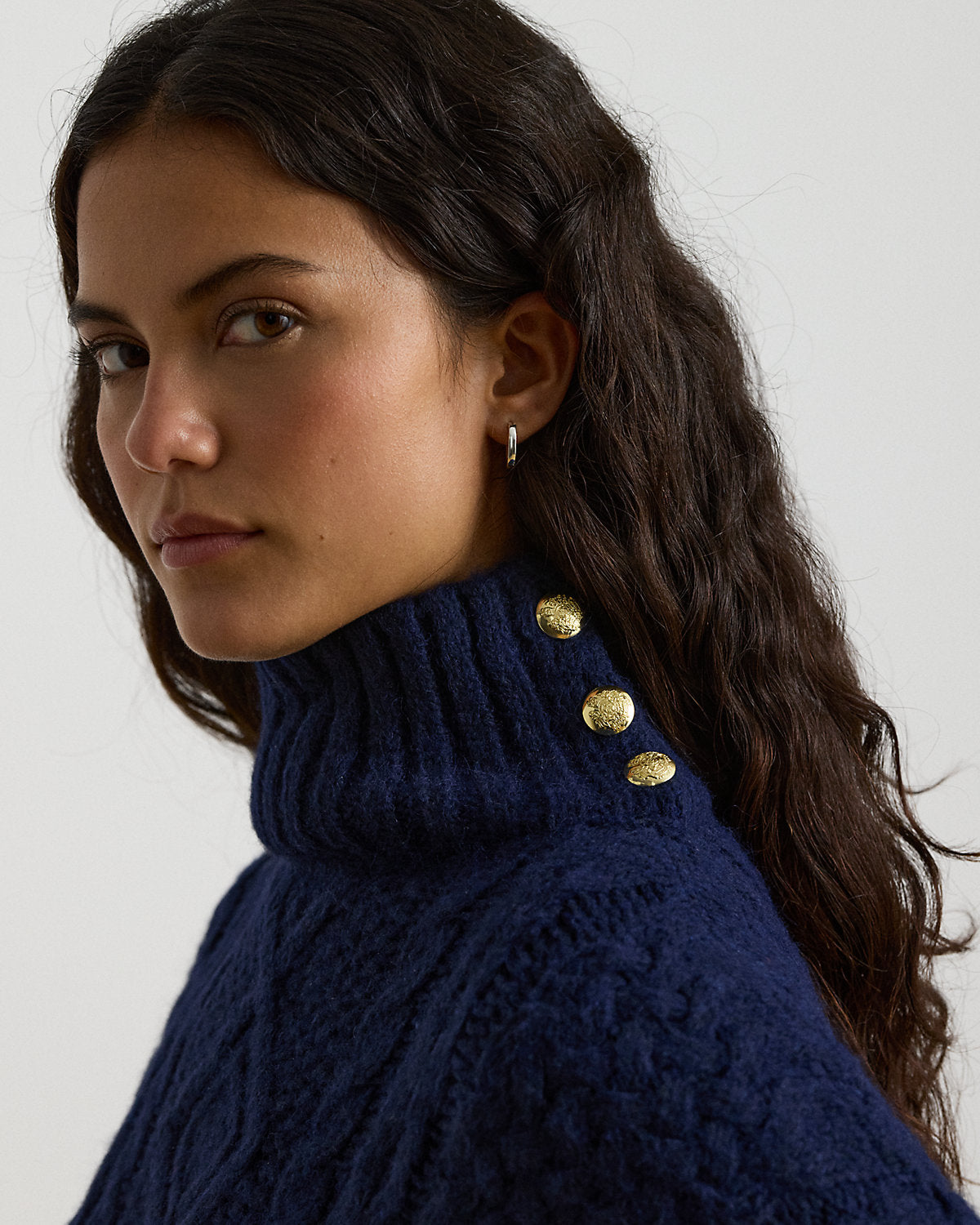 Button-Trim Cable-Knit Mockneck Poncho