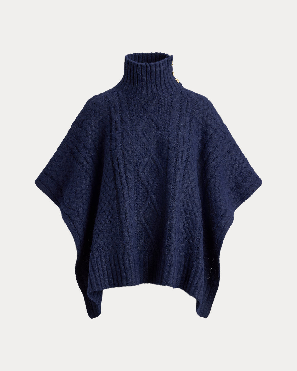 Button-Trim Cable-Knit Mockneck Poncho
