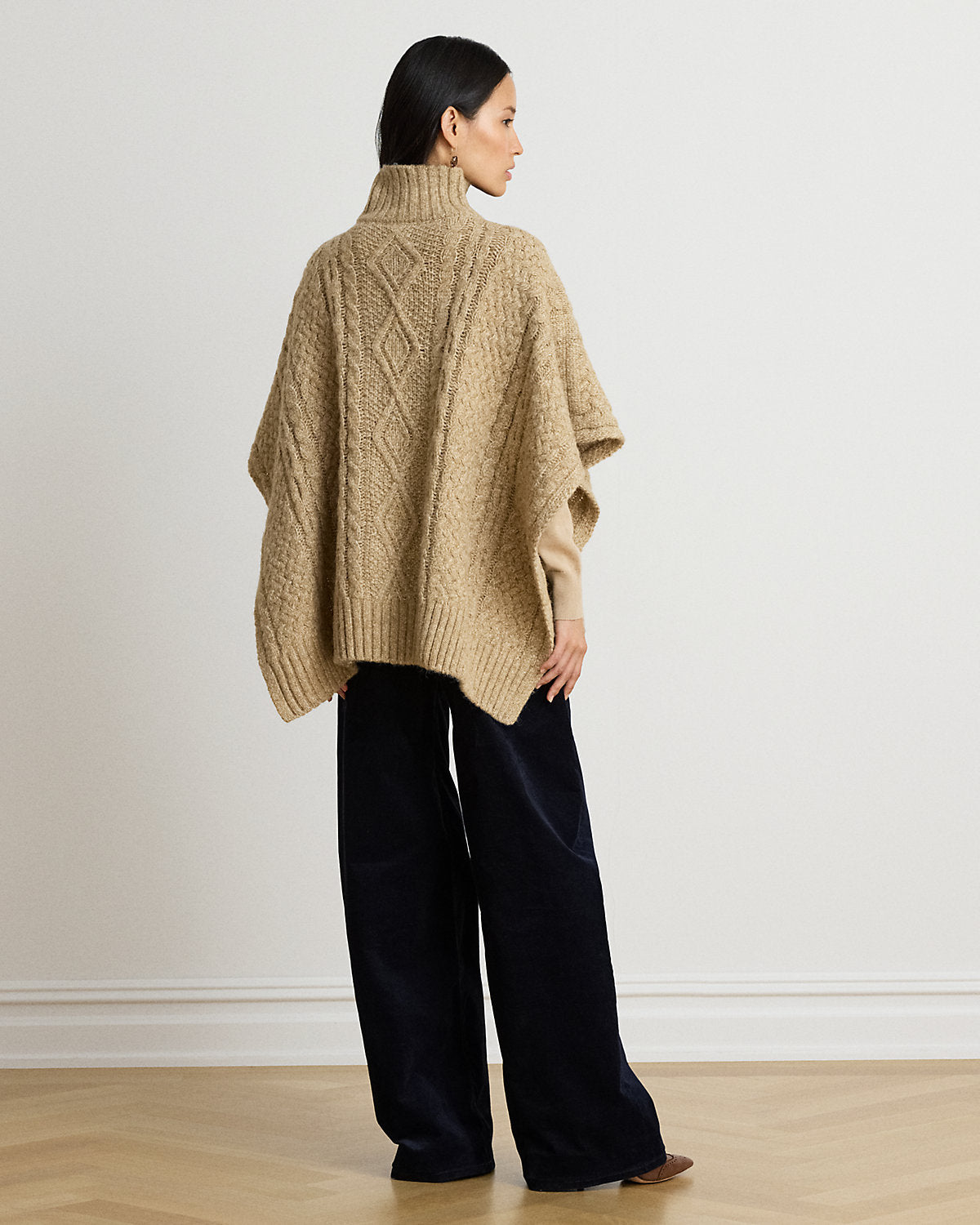 Button-Trim Cable-Knit Mockneck Poncho