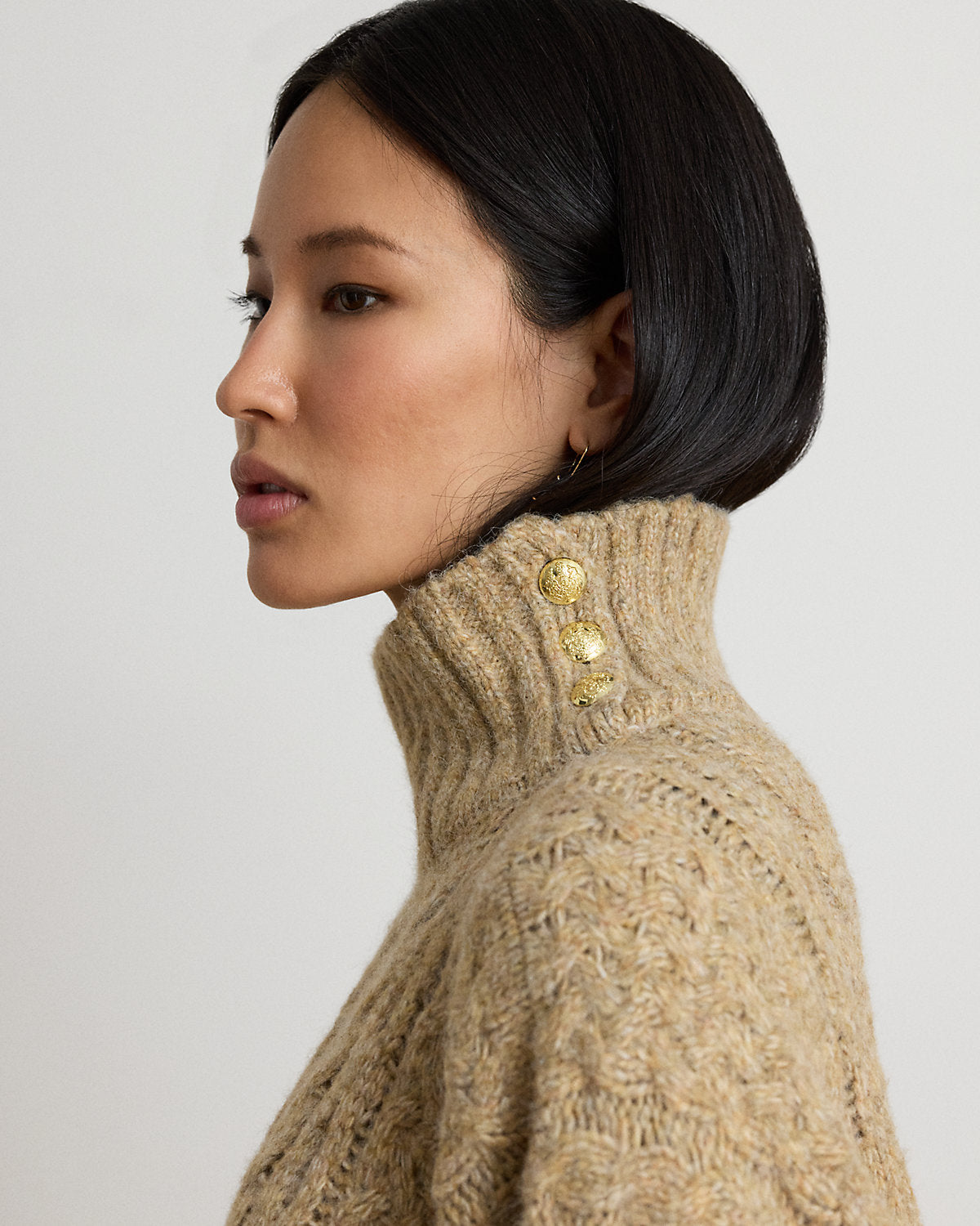 Button-Trim Cable-Knit Mockneck Poncho