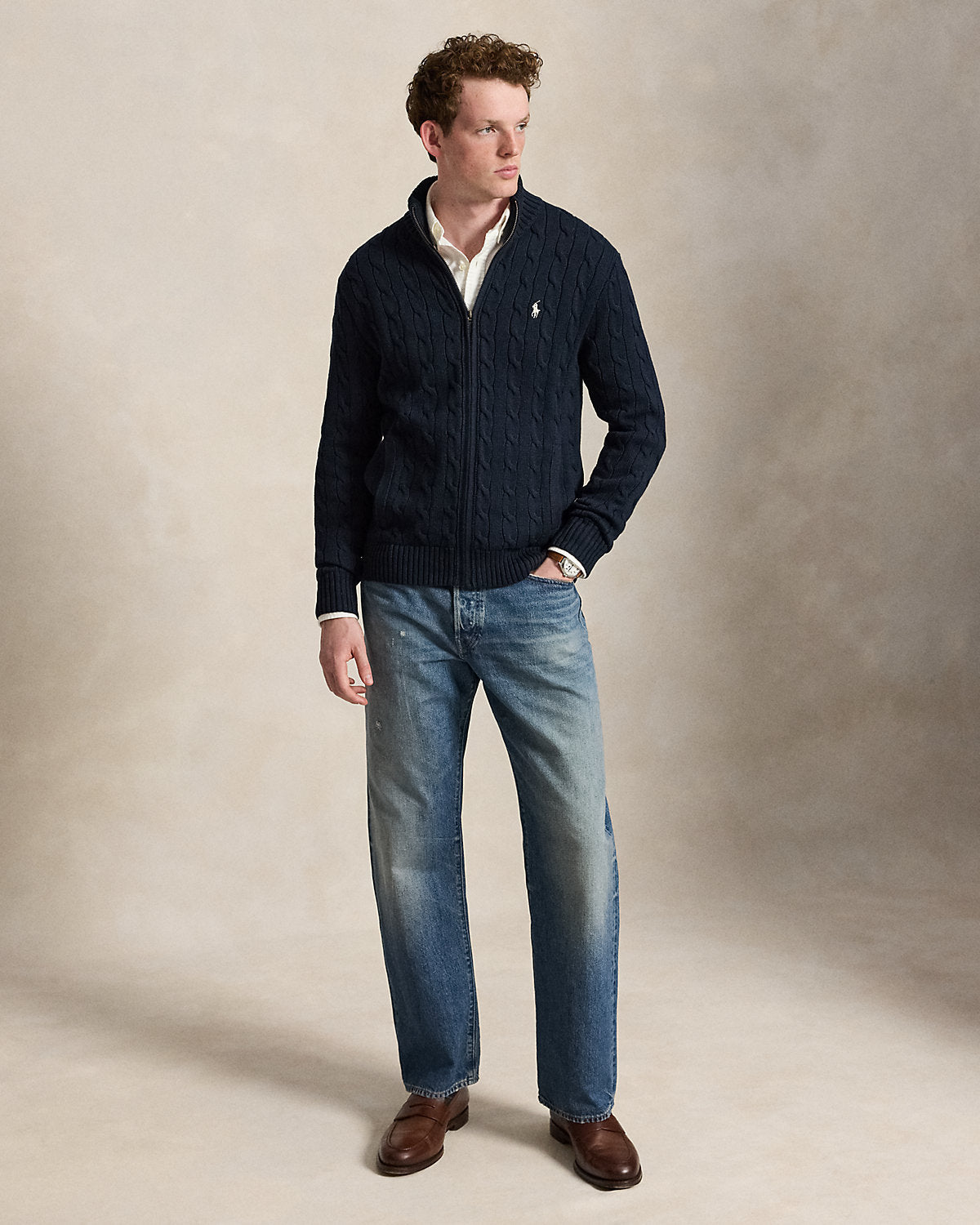Cable-Knit Cotton Full-Zip Sweater