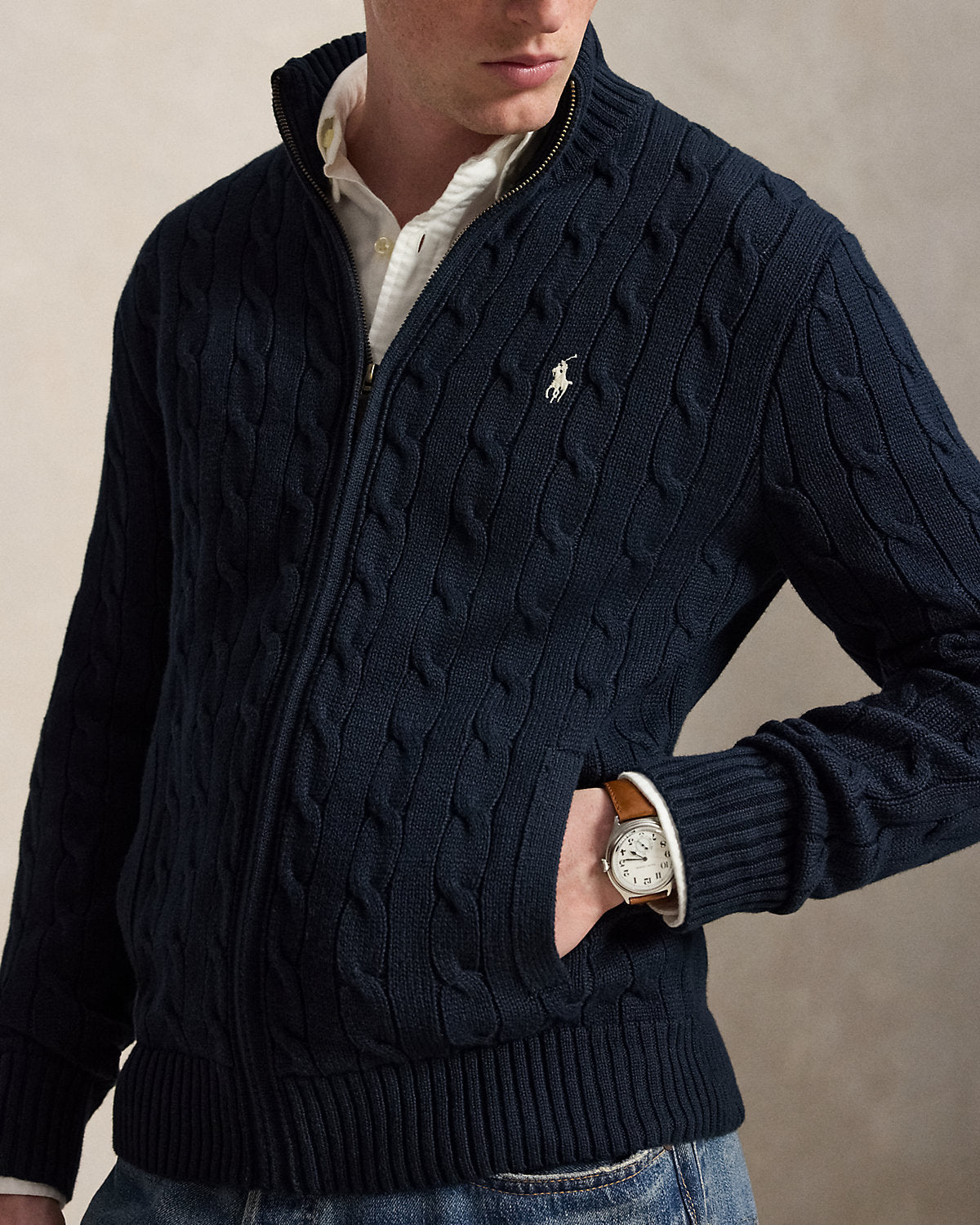 Cable-Knit Cotton Full-Zip Sweater