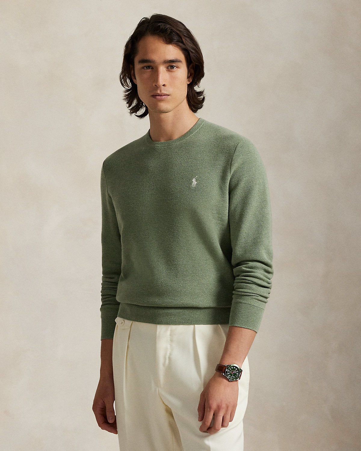 Mesh-Knit Cotton Crewneck Sweater