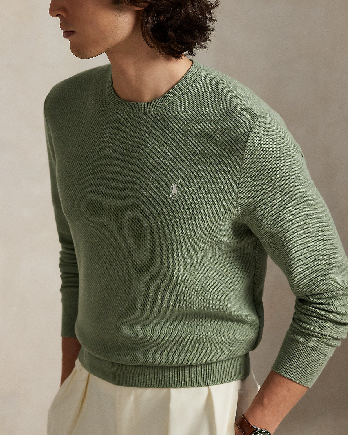 Mesh-Knit Cotton Crewneck Sweater