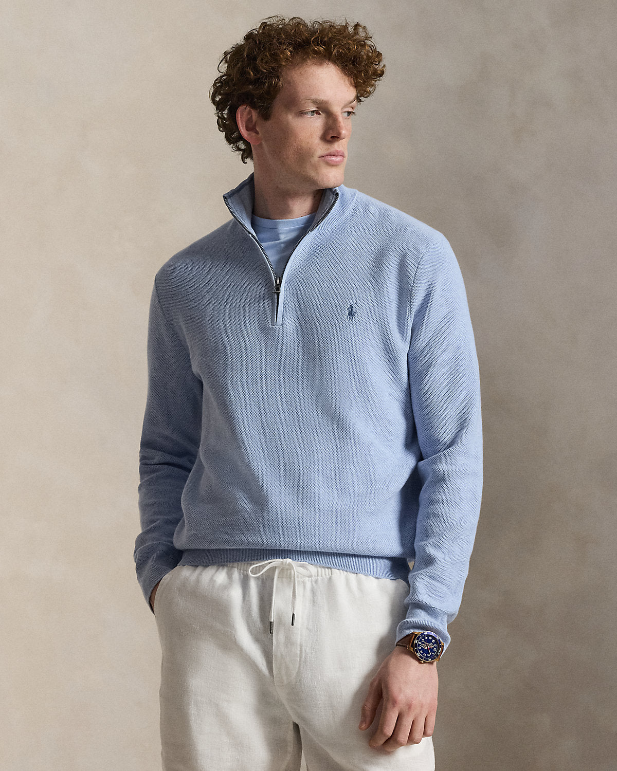 Mesh-Knit Cotton Quarter-Zip Sweater