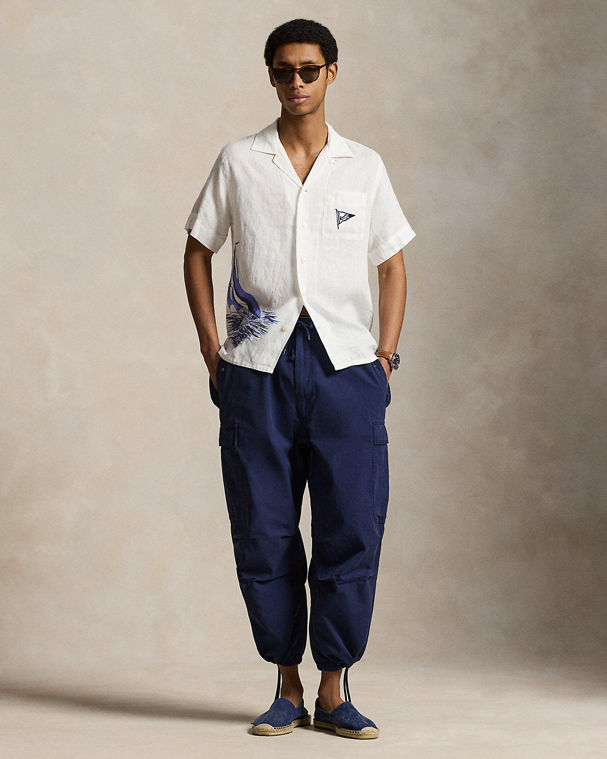 Classic Fit Nautical Linen Camp Shirt