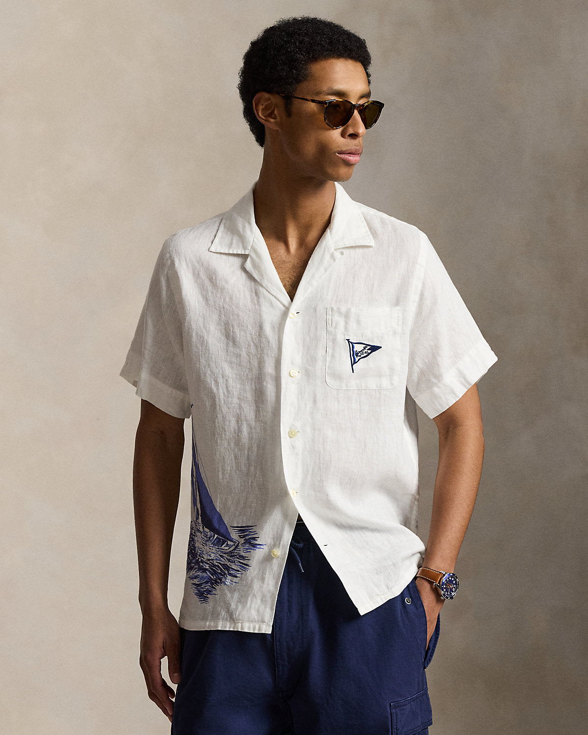 Classic Fit Nautical Linen Camp Shirt