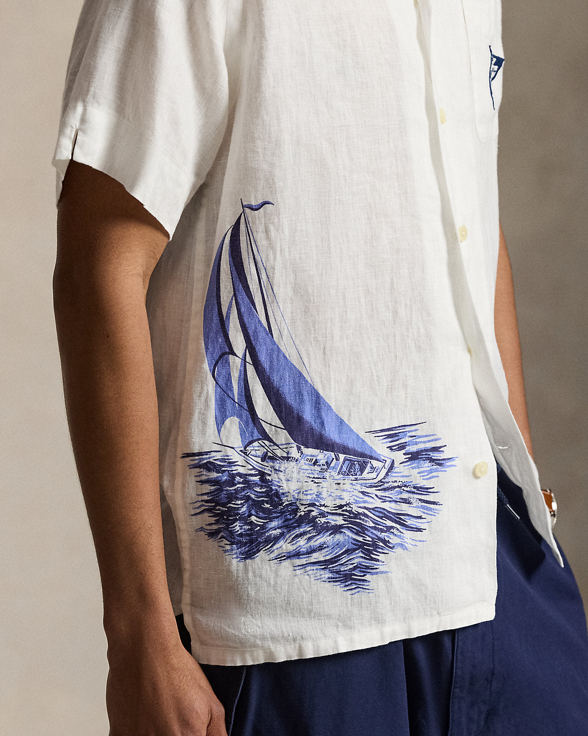 Classic Fit Nautical Linen Camp Shirt