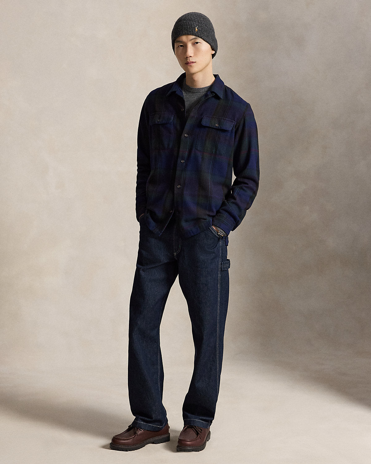 Classic Fit Plaid Suede-Trim Twill Shirt