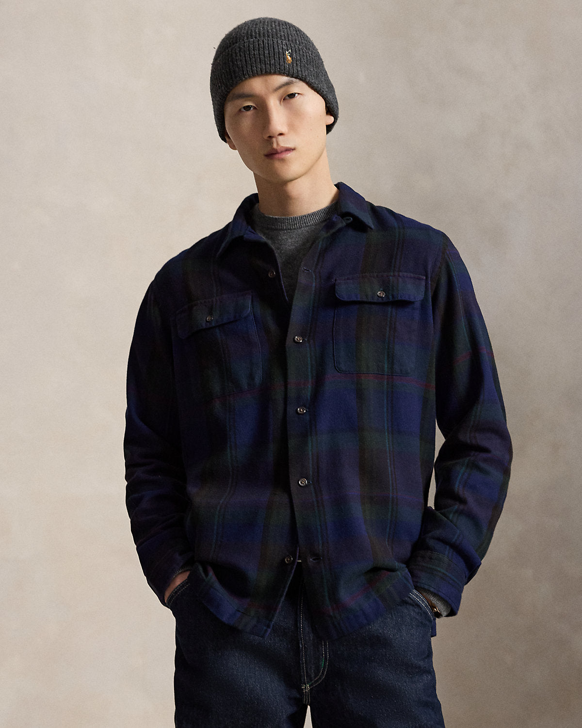Classic Fit Plaid Suede-Trim Twill Shirt