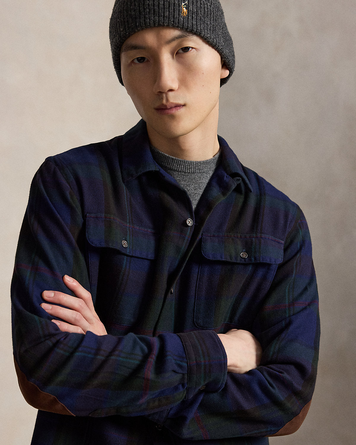 Classic Fit Plaid Suede-Trim Twill Shirt