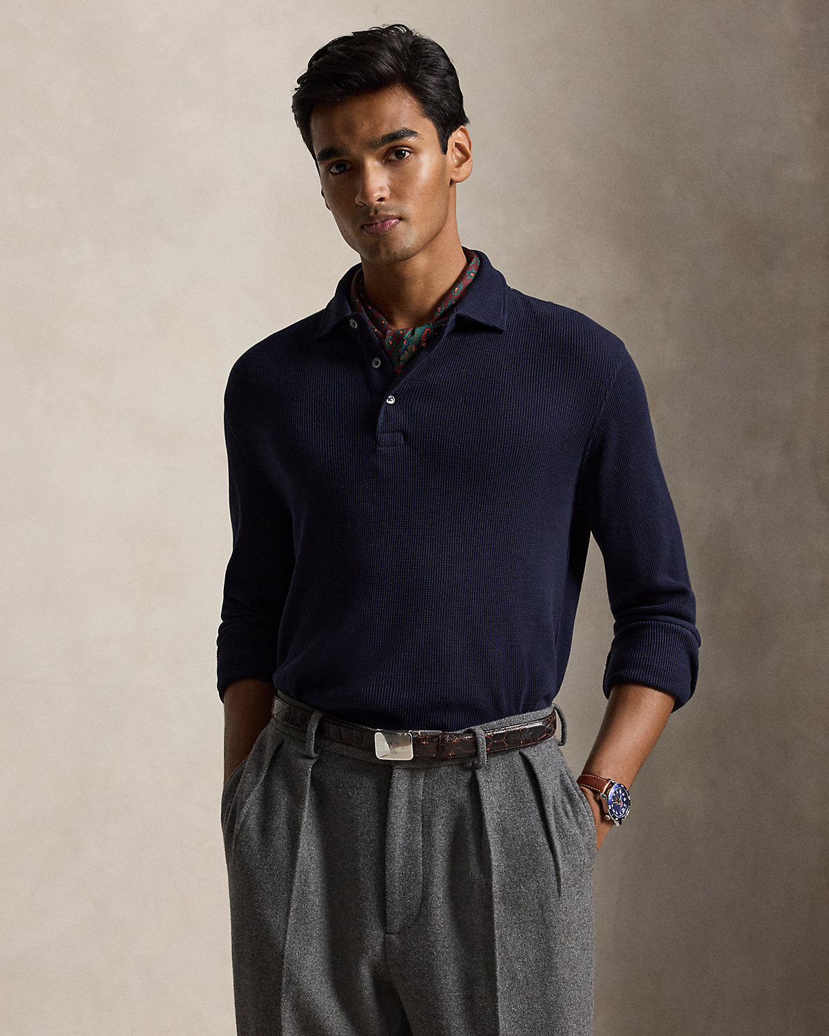 Standard Fit Waffle-Knit Polo Shirt