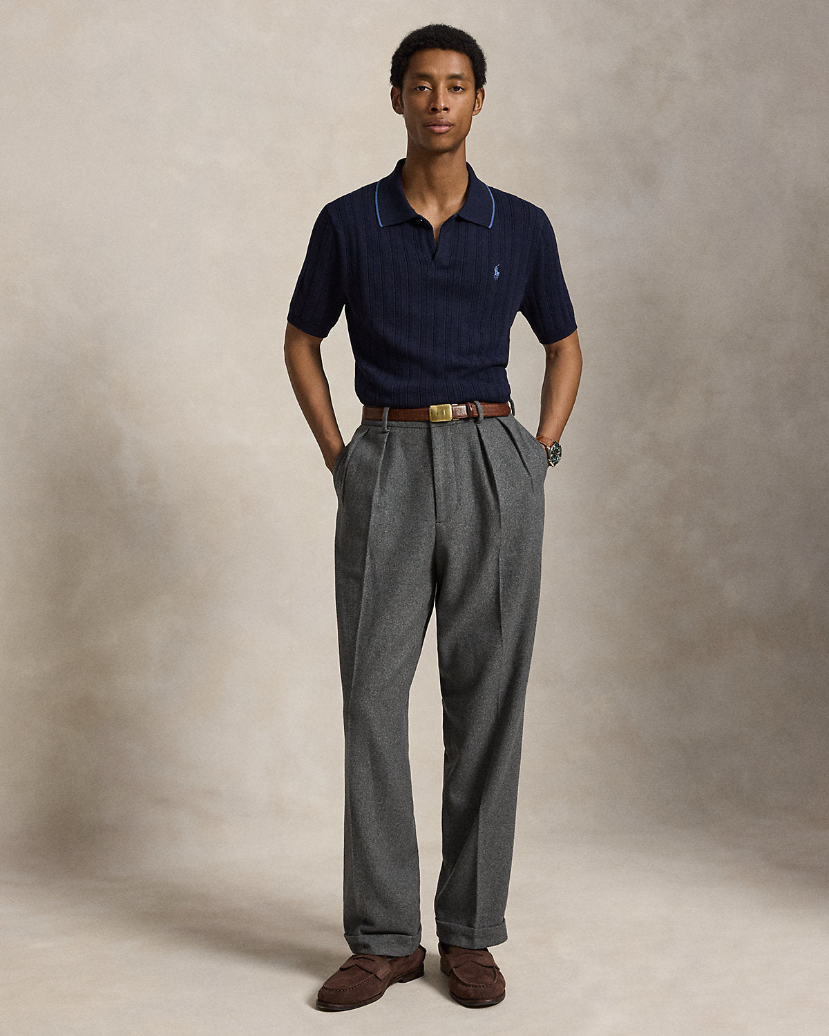Textured Cotton Polo-Collar Sweater