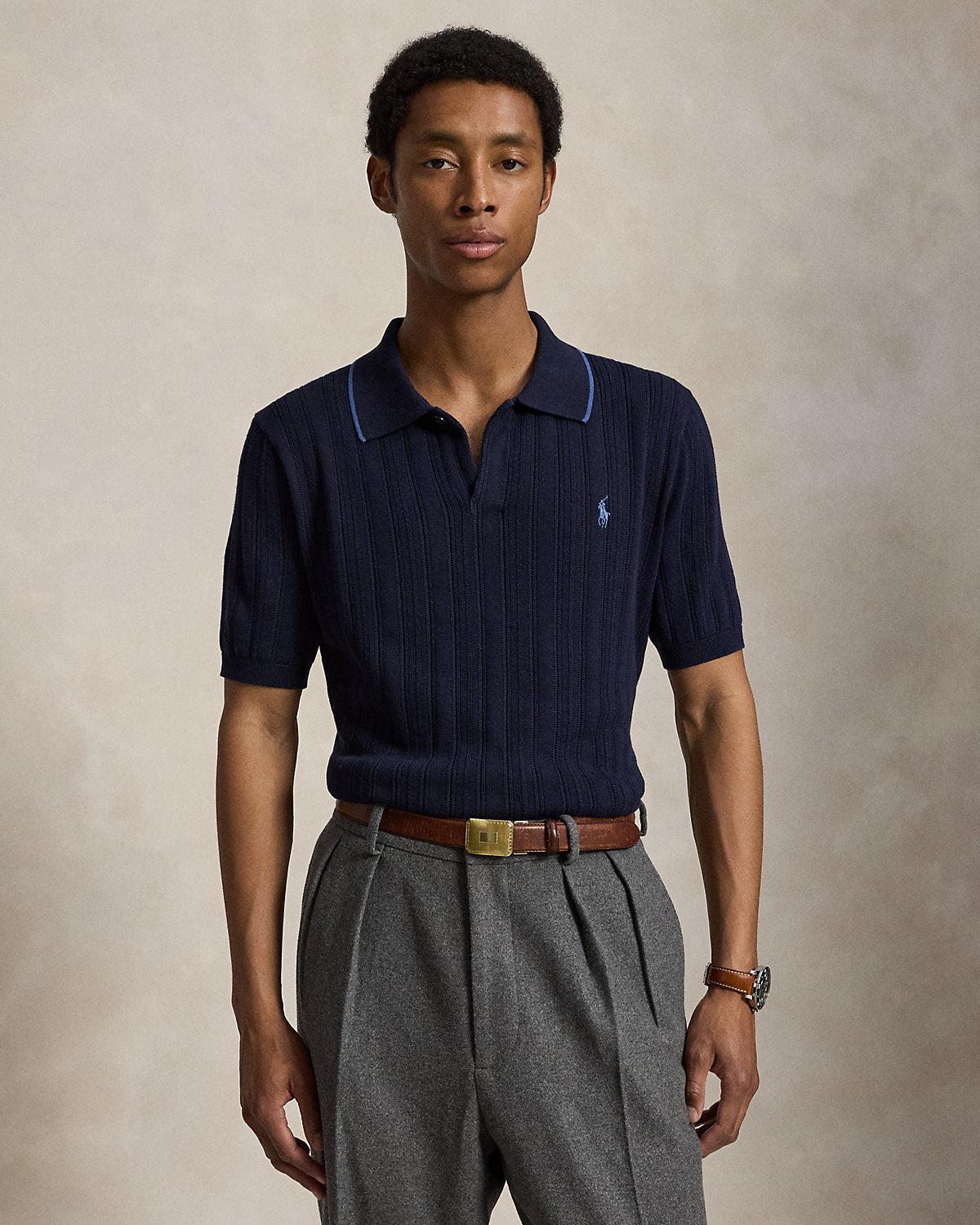Textured Cotton Polo-Collar Sweater