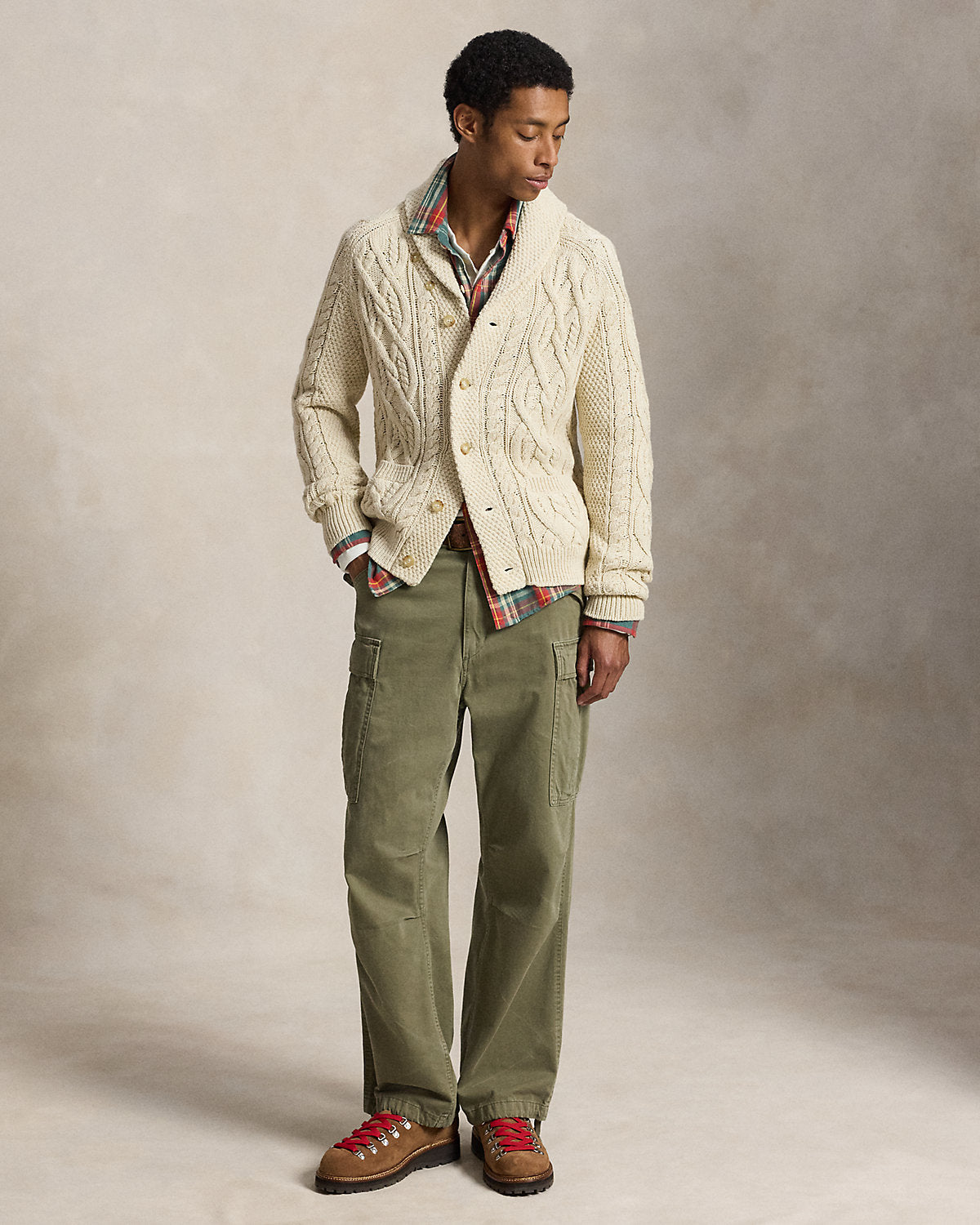 Aran-Knit Cotton Shawl Cardigan
