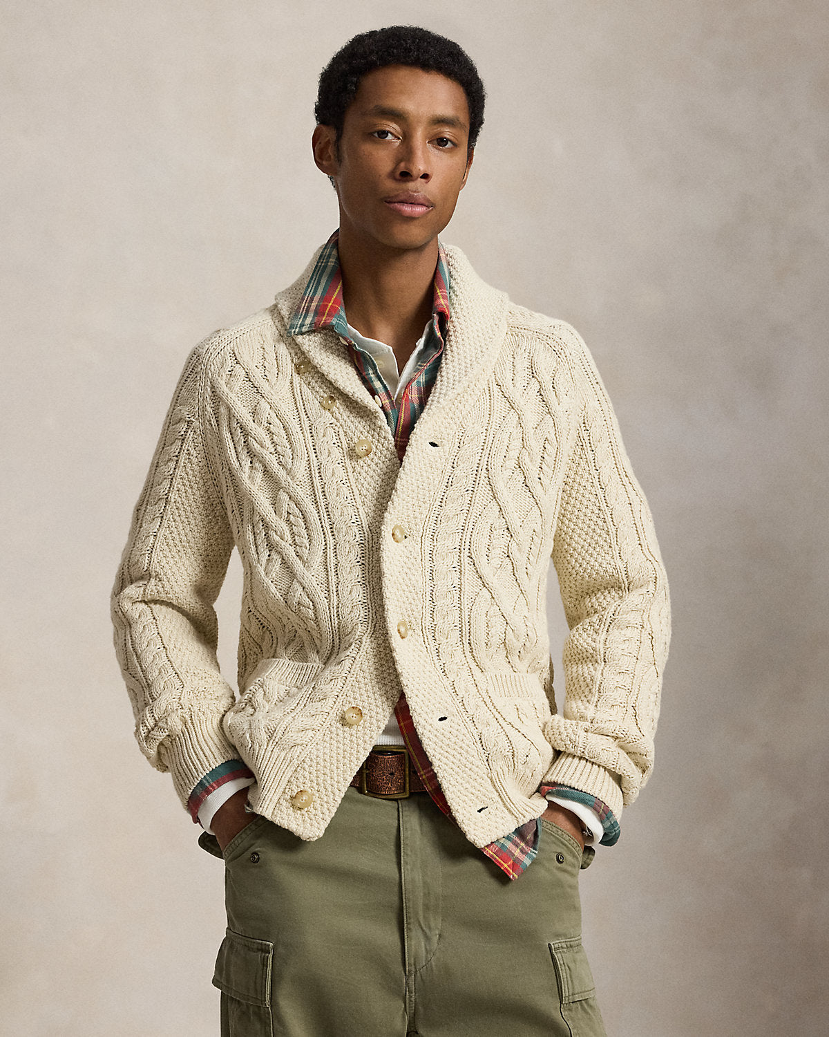 Aran-Knit Cotton Shawl Cardigan