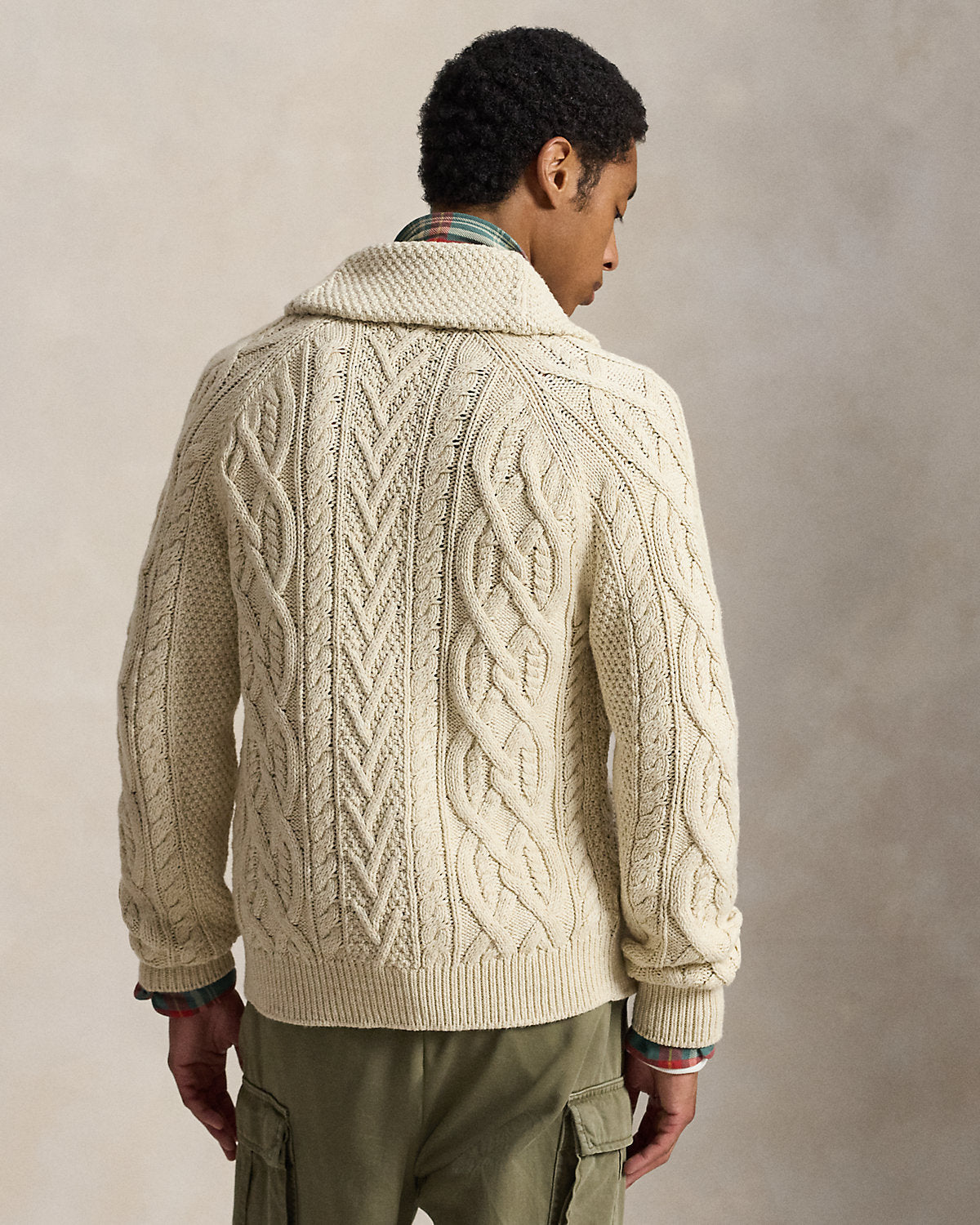 Aran-Knit Cotton Shawl Cardigan