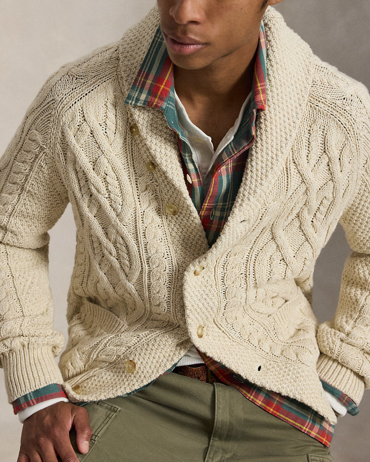 Aran-Knit Cotton Shawl Cardigan