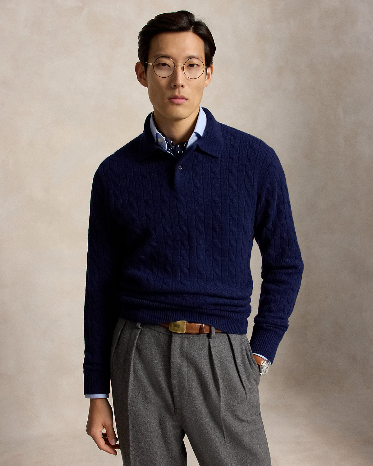 Cable-Knit Cashmere Polo-Collar Sweater