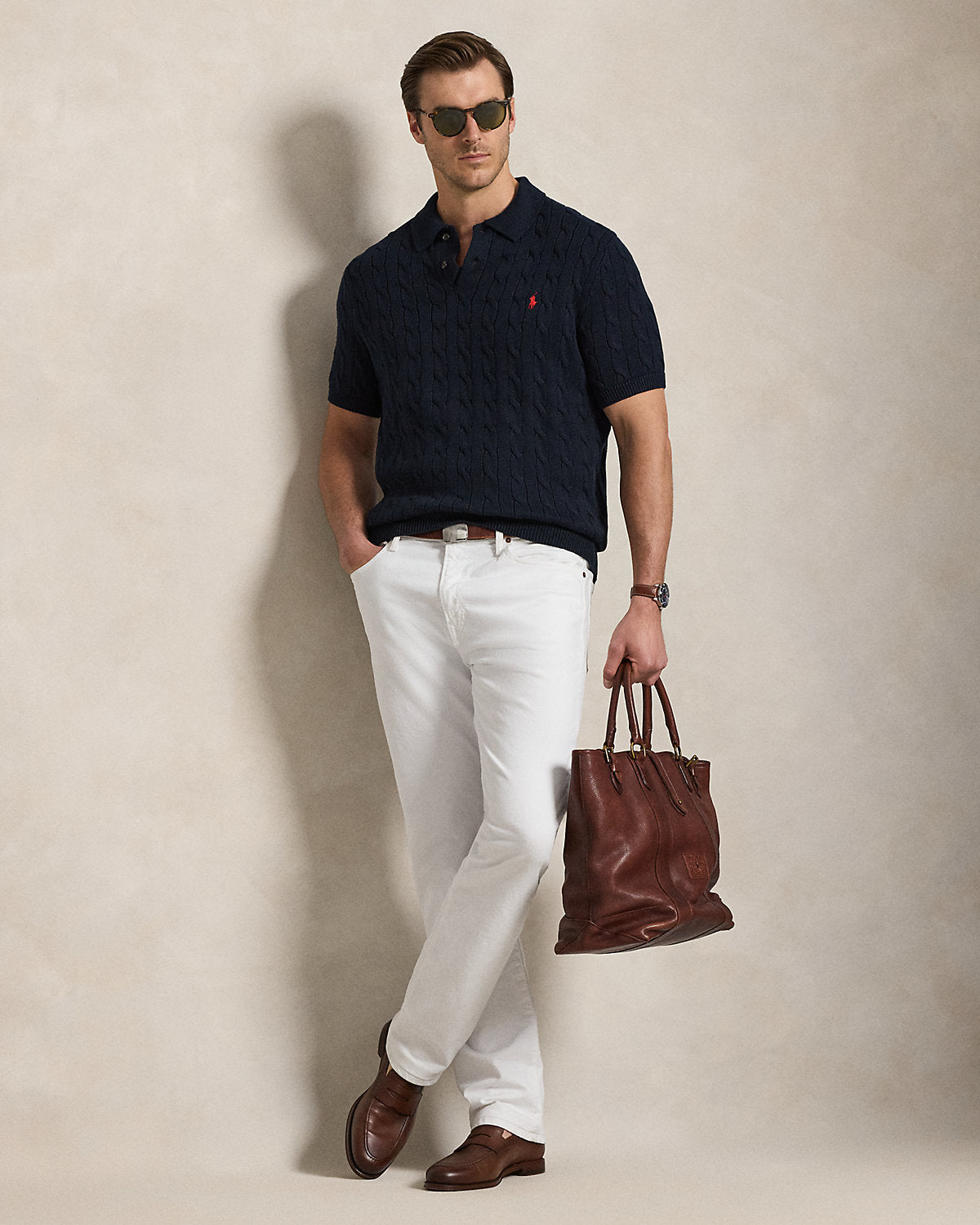 Men's Cable-Knit Cotton Polo Sweater