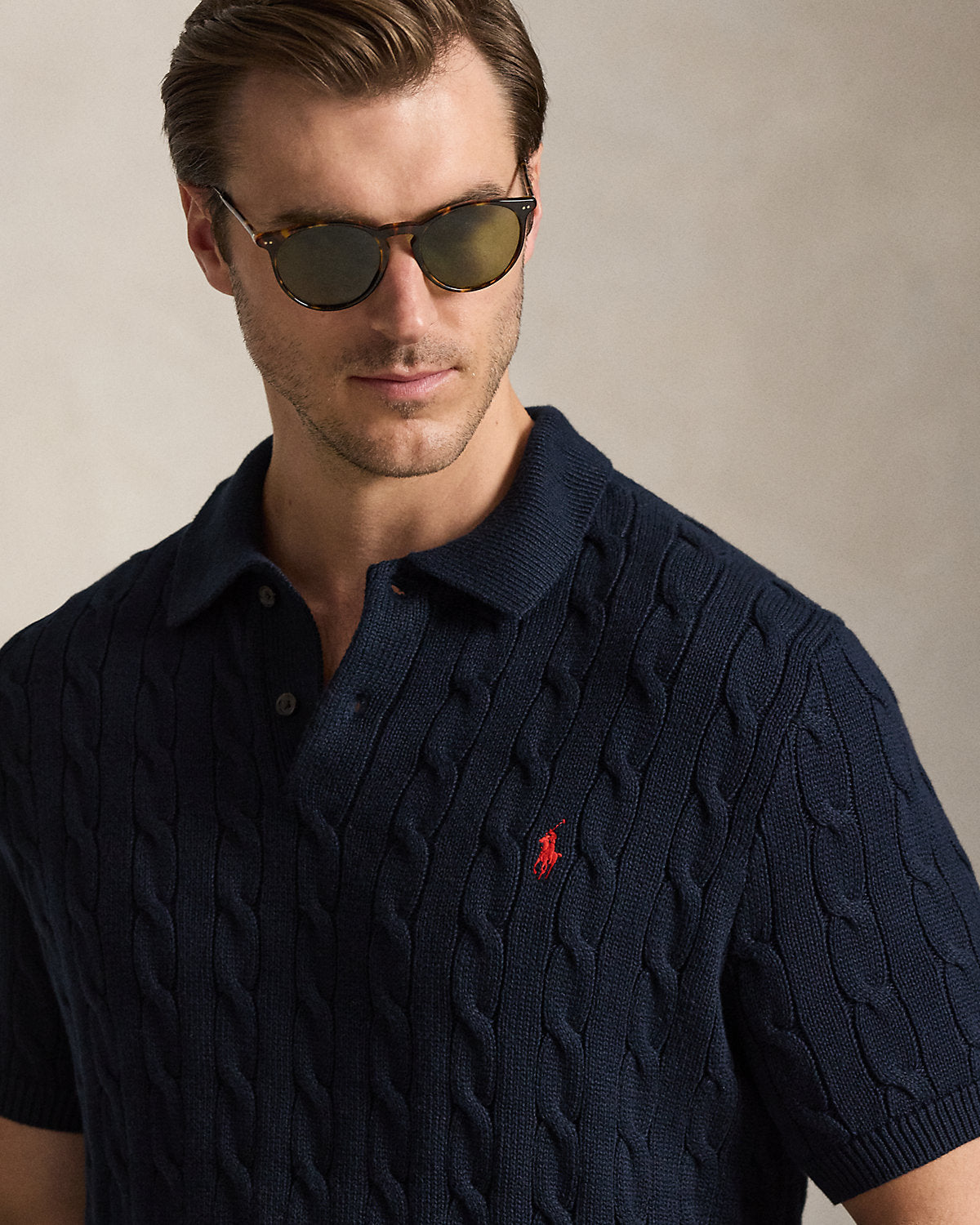 Men's Cable-Knit Cotton Polo Sweater