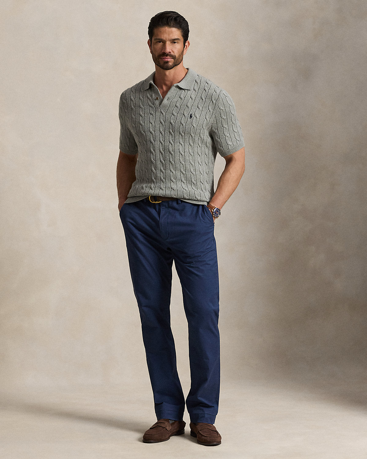 Men's Cable-Knit Cotton Polo Sweater